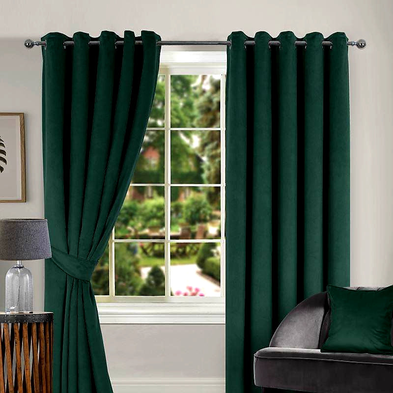 Green Velour Thermal Interlined Ring Top Curtains