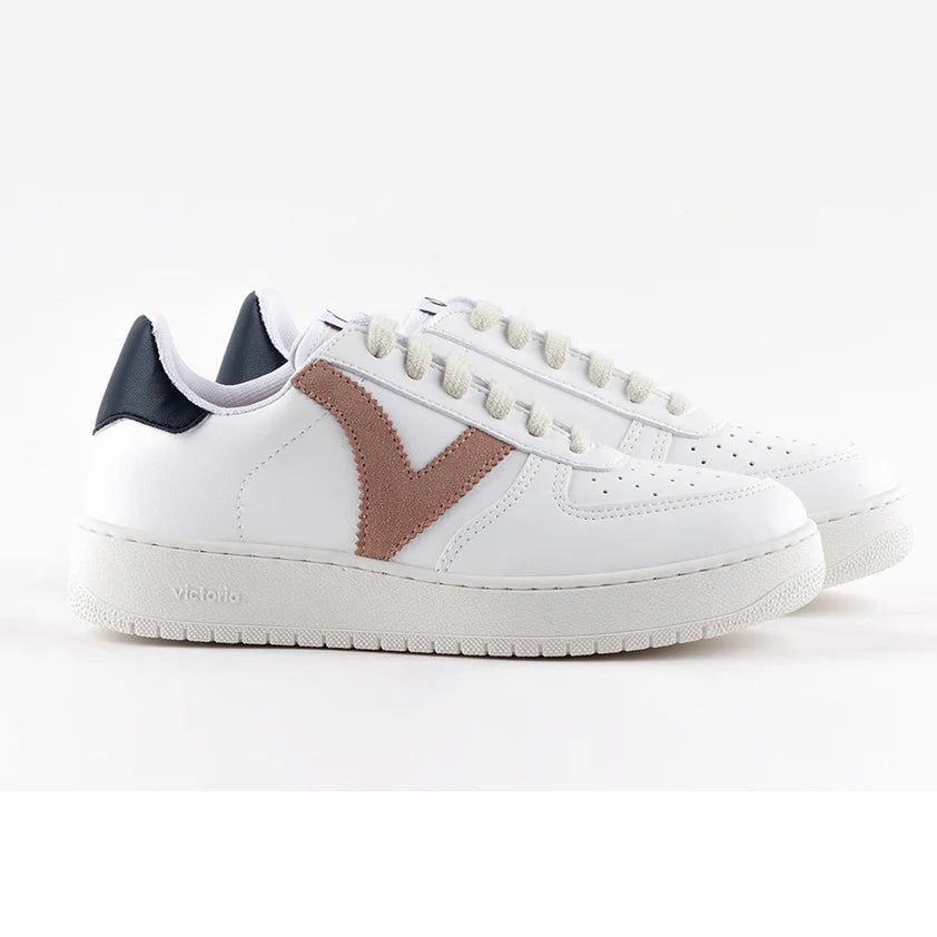 Victoria Cuarzo White Trainers with Beige and Navy Detail
