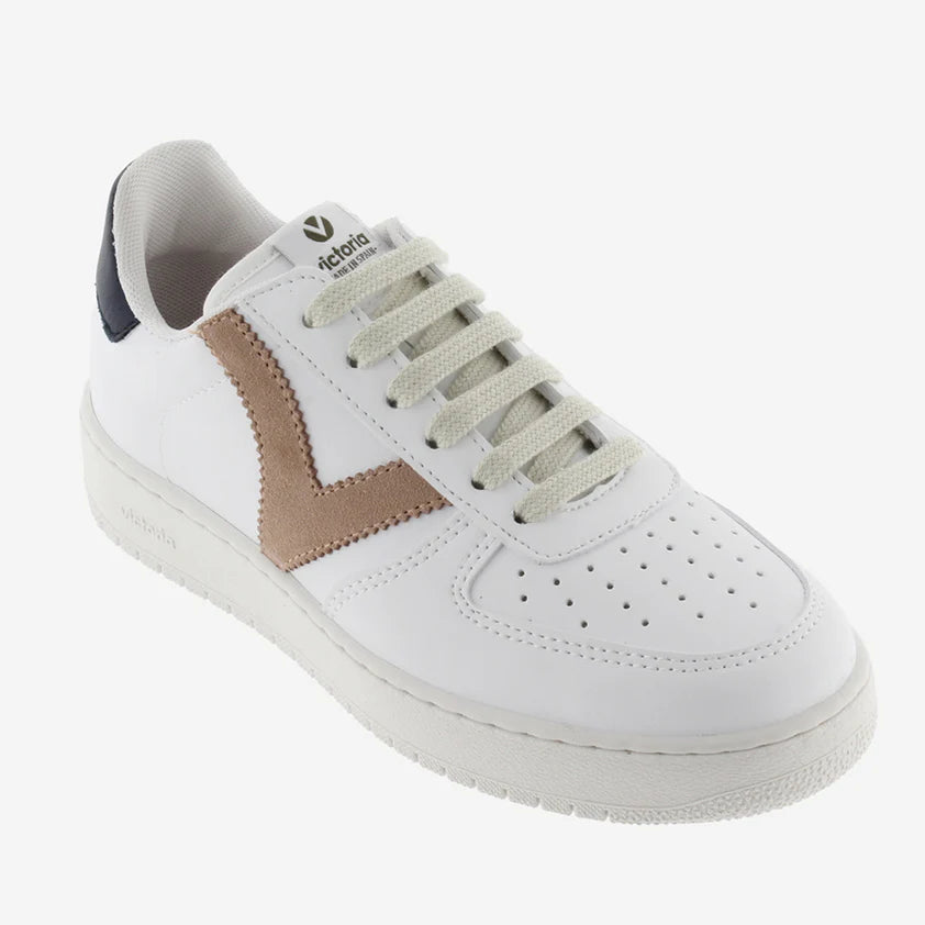 Victoria Cuarzo White Trainers with Beige and Navy Detail
