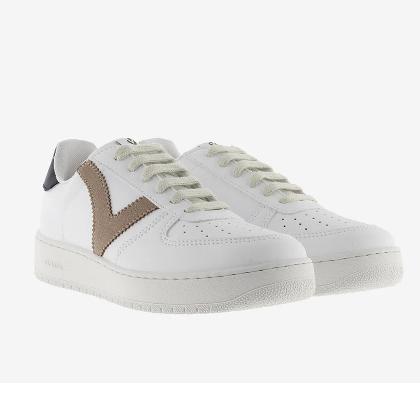 Victoria Cuarzo White Trainers with Beige and Navy Detail
