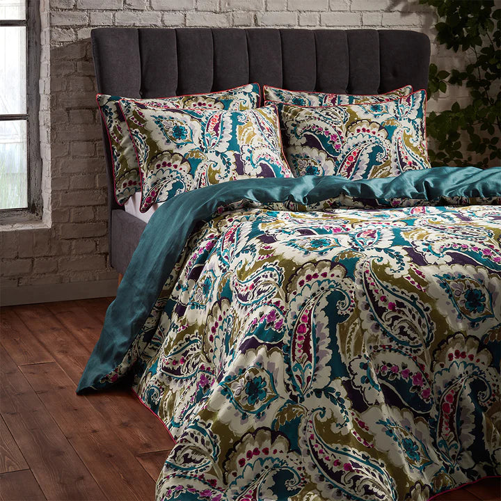 Aretha Paisley Printed Cotton Sateen Piped Duvet Cover Set Teal/Olive