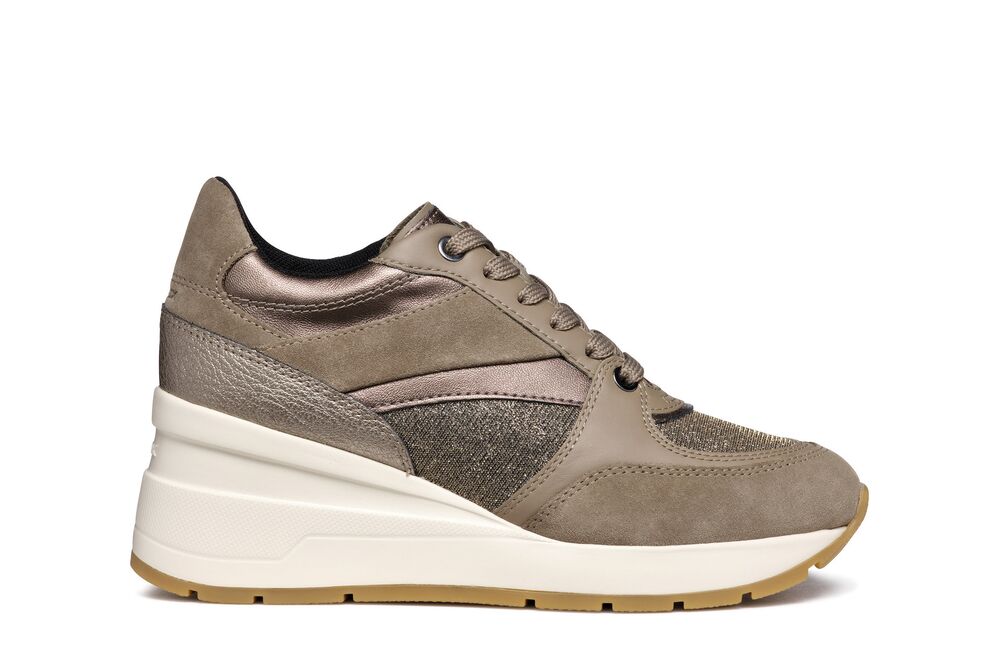 Geox Ladies Taupe Leather Wedge Sneakers