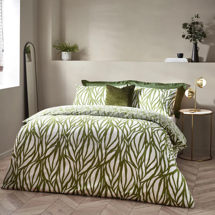 Frond Abstract Cotton Rich Reversible Duvet Cover Set Olive