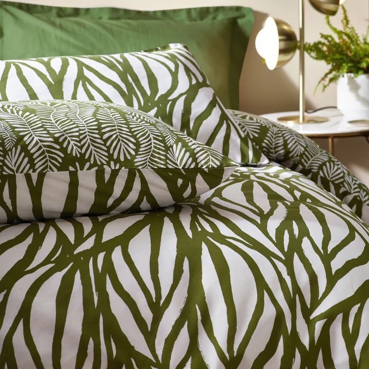 Frond Abstract Cotton Rich Reversible Duvet Cover Set Olive