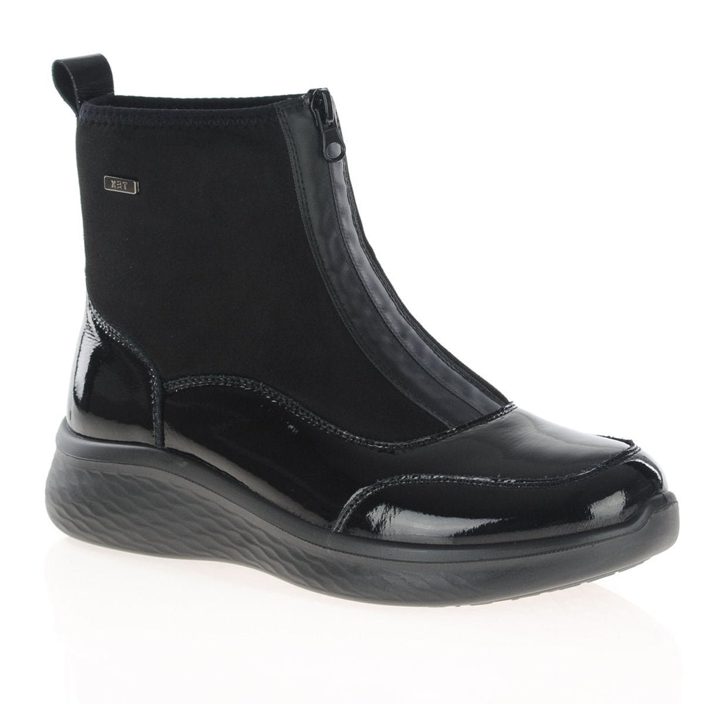 G Comfort Ladies Black Patent Leather Waterproof Ankle Boots