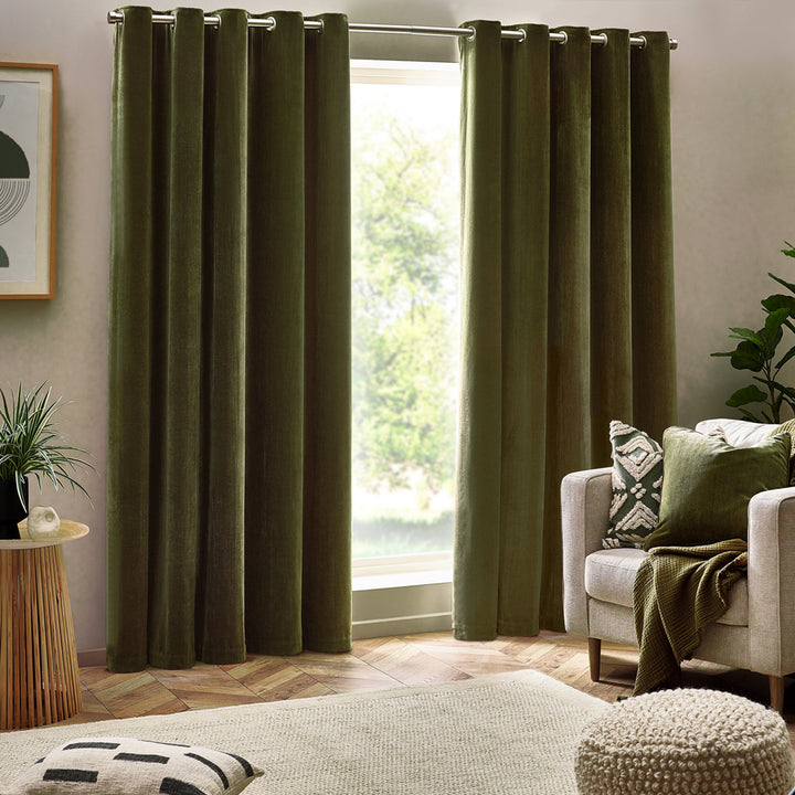 Heavy Olive Chenille Room Darkening Eyelet Curtains