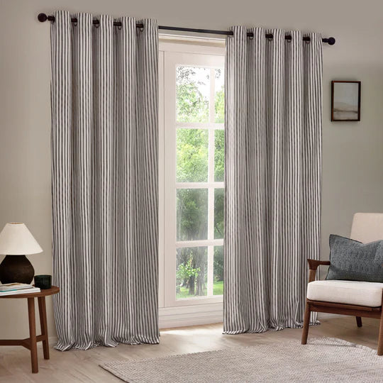 Hebden Grey Striped 100% Cotton Lined Eyelet Curtains