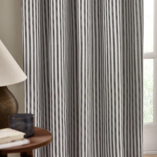 Hebden Grey Striped 100% Cotton Lined Eyelet Curtains