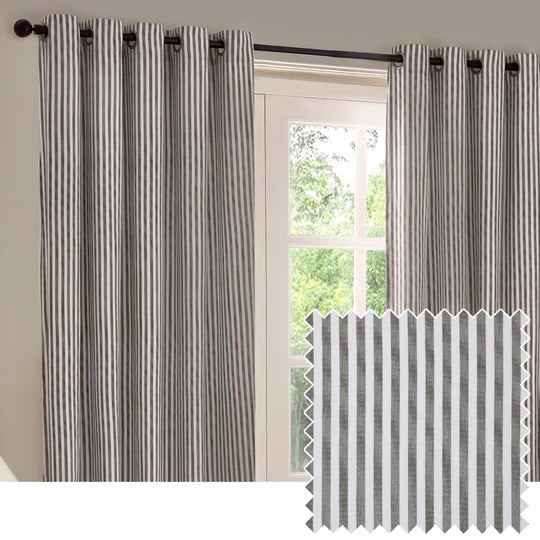 Hebden Grey Striped 100% Cotton Lined Eyelet Curtains