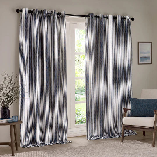 Hebden Navy Striped 100% Cotton Lined Eyelet Curtains