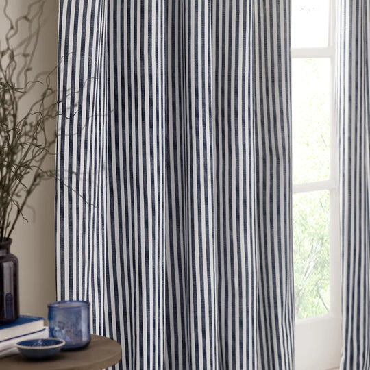 Hebden Navy Striped 100% Cotton Lined Eyelet Curtains