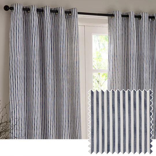 Hebden Navy Striped 100% Cotton Lined Eyelet Curtains
