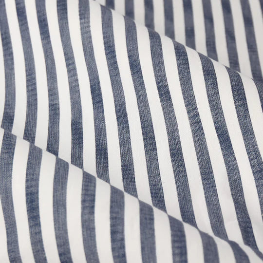 Hebden Navy Striped 100% Cotton Lined Eyelet Curtains