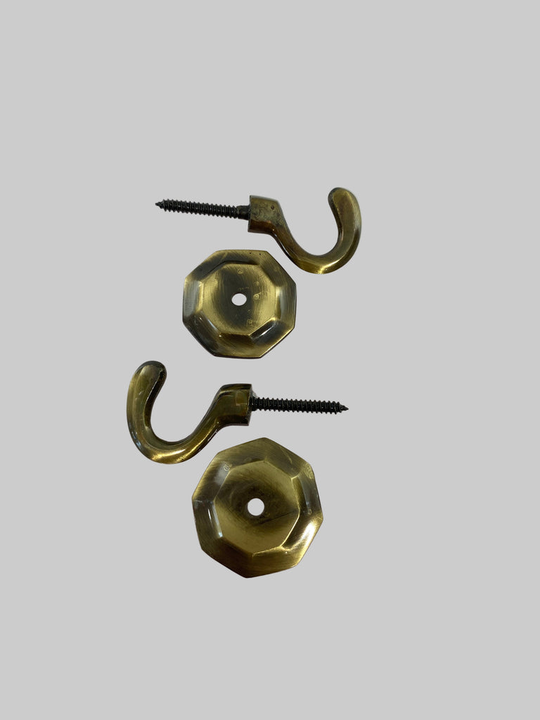 Antique Brass Tie Back Hook with Octagonal Plate - 1 Pair