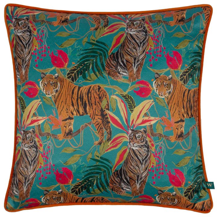 Kali Jungle Tigers Feather Cushion Teal