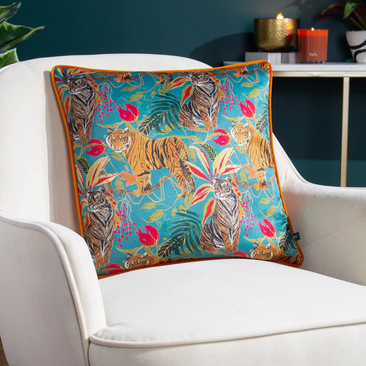 Kali Jungle Tigers Teal Feather Filled Cushion