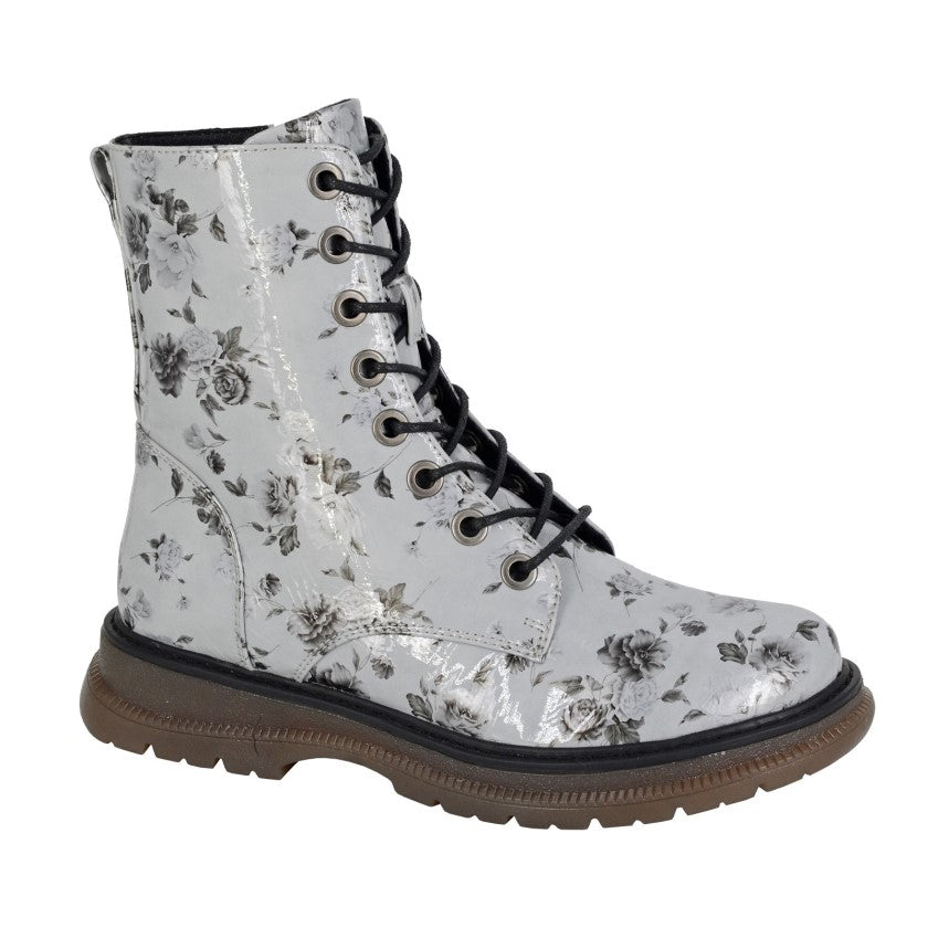 Ladies Grey Floral Patent Boots