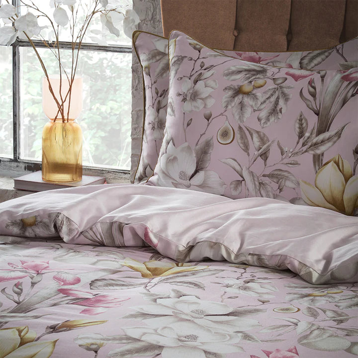 Lavish Floral Printed Piped Cotton Sateen Duvet Cover Set Blush