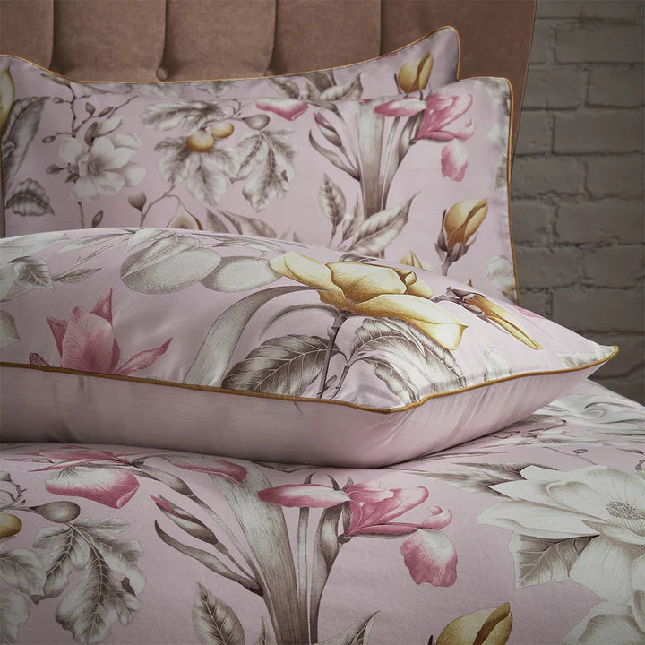 Lavish Floral Printed Piped Cotton Sateen Duvet Cover Set Blush