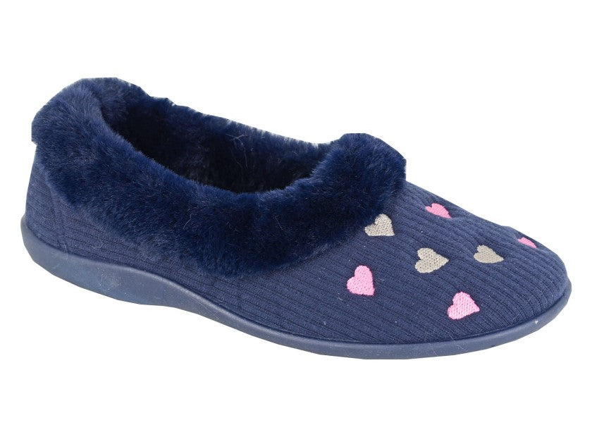 Navy Hearts Fur Trim Ladies Slippers