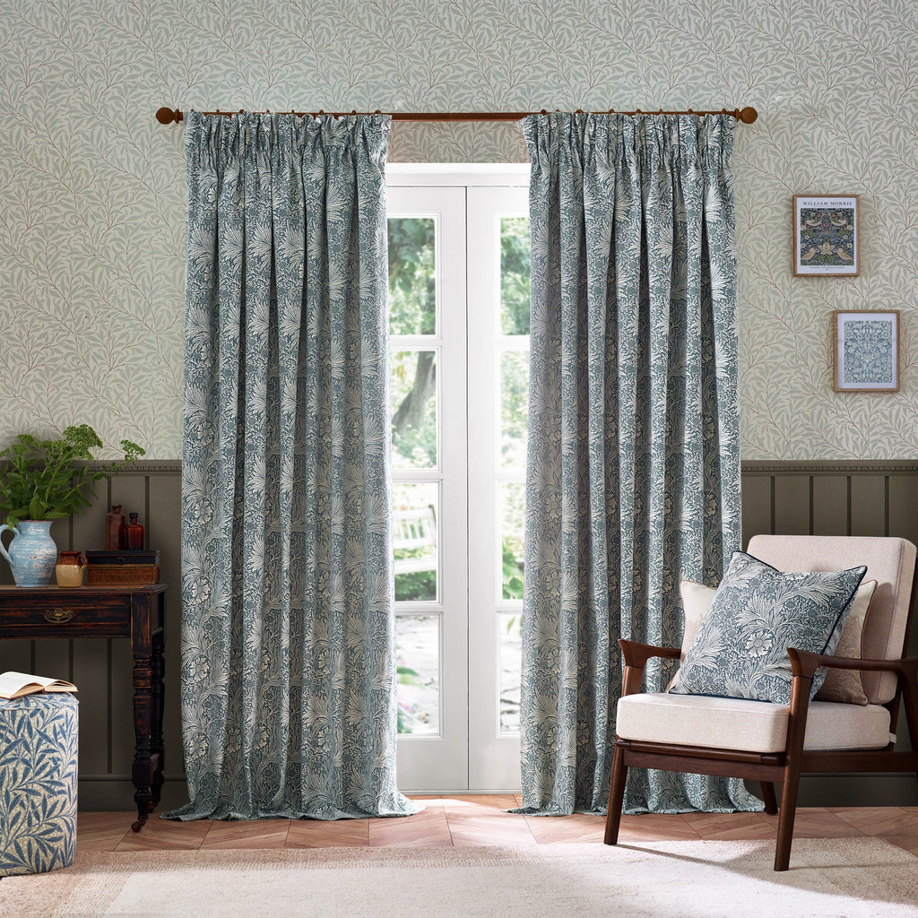 Marigold Indigo Floral Jacquard Pencil Pleat Curtains