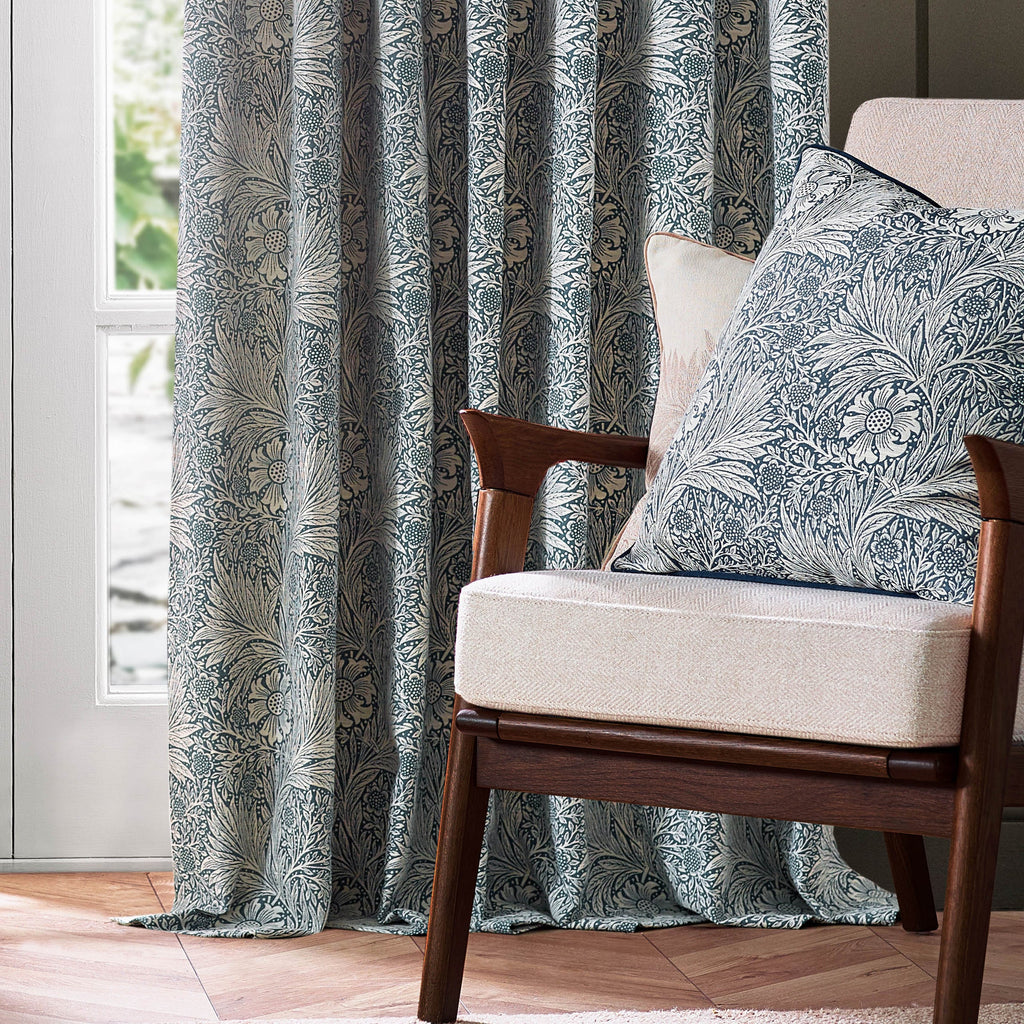 Marigold Indigo Floral Jacquard Pencil Pleat Curtains