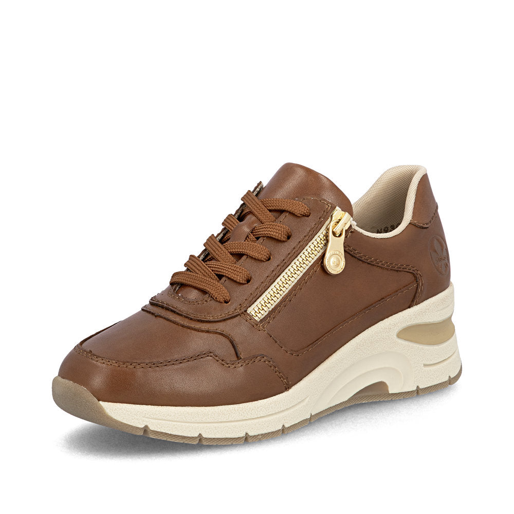 Brown sneaker with a gold zipper on a white background