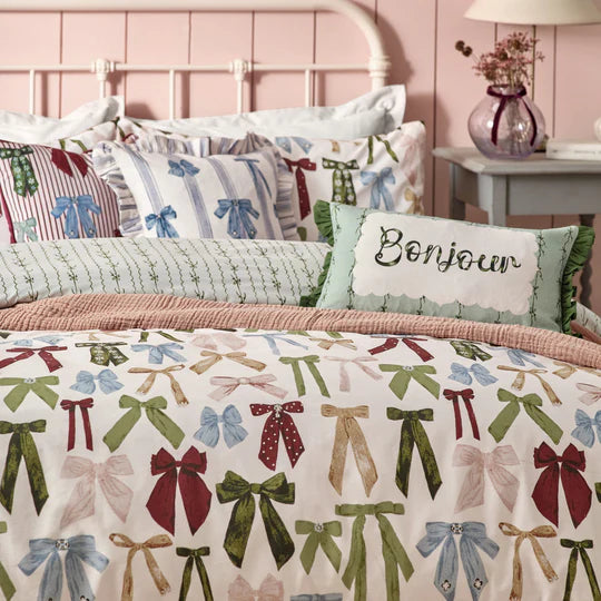 Noortje Bows Silk Pink Printed Reversible Duvet Cover Set
