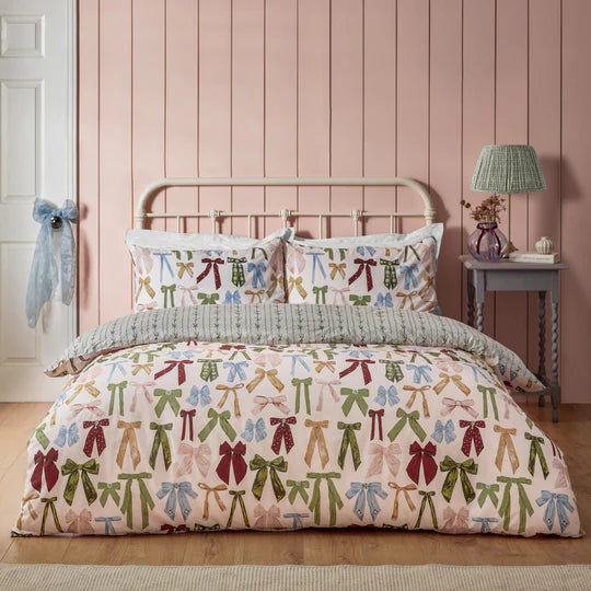 Noortje Bows Silk Pink Printed Reversible Duvet Cover Set