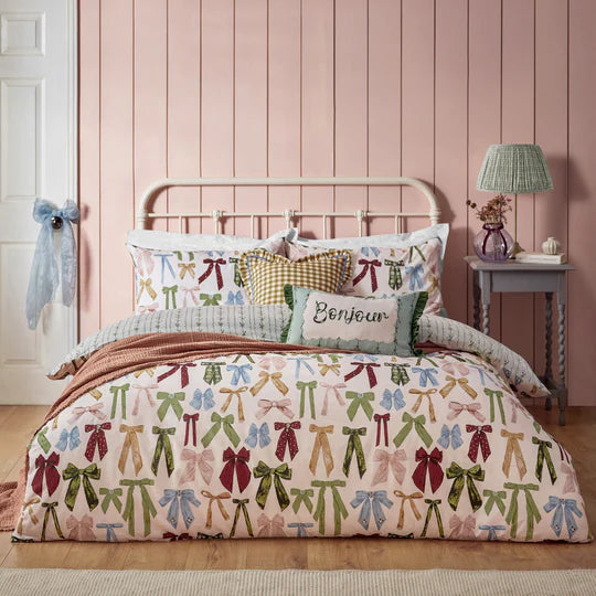 Noortje Bows Silk Pink Printed Reversible Duvet Cover Set