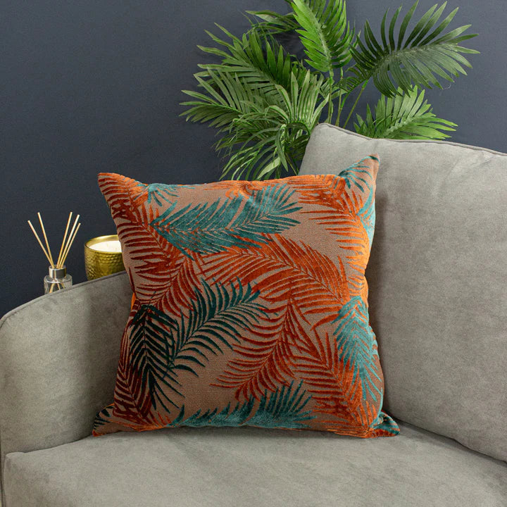 Palm Grove Velvet Jacquard Cushion Cover Teal/Rust