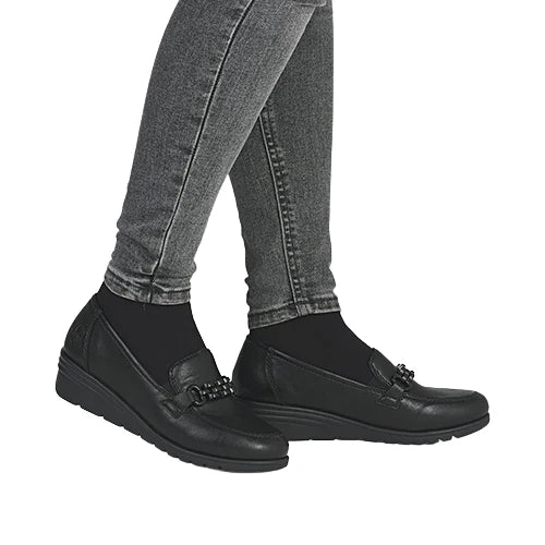 Rieker Ladies Black Leather Slip-on Wedge Mocassins