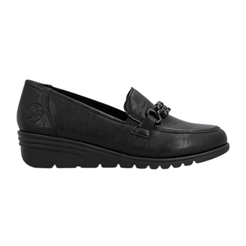 Rieker Ladies Black Leather Slip-on Wedge Mocassins