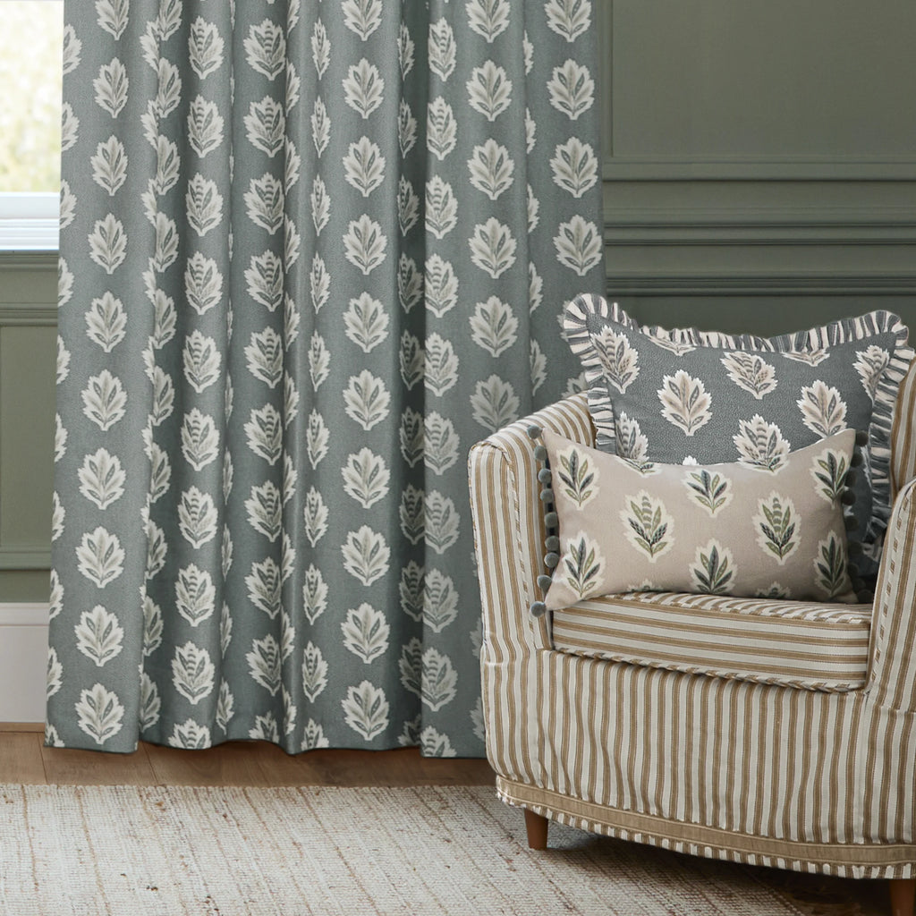 Sessile Delph Blue Leaf Motif Pencil Pleat Curtains