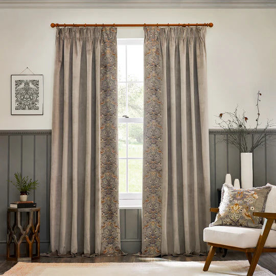 Strawberry Thief Embroidered Floral Biscuit Velvet Pencil Pleat Curtains