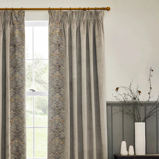 Strawberry Thief Embroidered Floral Biscuit Velvet Pencil Pleat Curtains