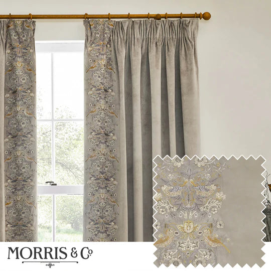 Strawberry Thief Embroidered Floral Biscuit Velvet Pencil Pleat Curtains