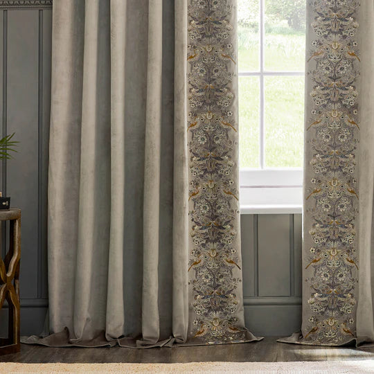 Strawberry Thief Embroidered Floral Biscuit Velvet Pencil Pleat Curtains