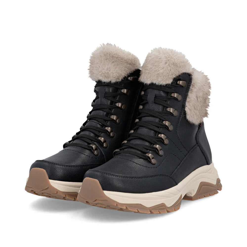 Rieker Ladies Black and Beige Waterproof Walking Boots