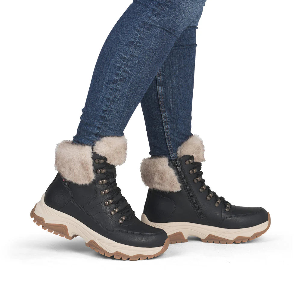 Rieker Ladies Black and Beige Waterproof Walking Boots