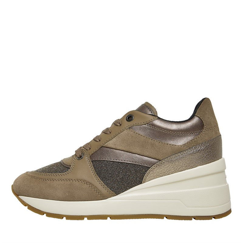 Geox Ladies Taupe Leather Wedge Sneakers