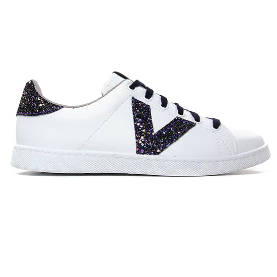 Victoria Marino White Trainers with Navy and Multicolour Sparkle
