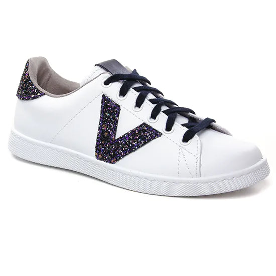 Victoria Marino White Trainers with Navy and Multicolour Sparkle
