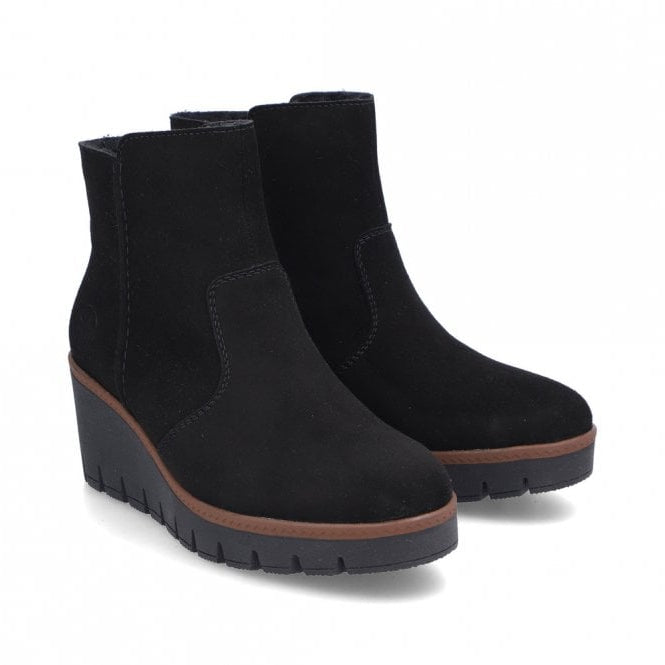 Rieker Ladies Black Suede Leather Wedge Ankle Boots
