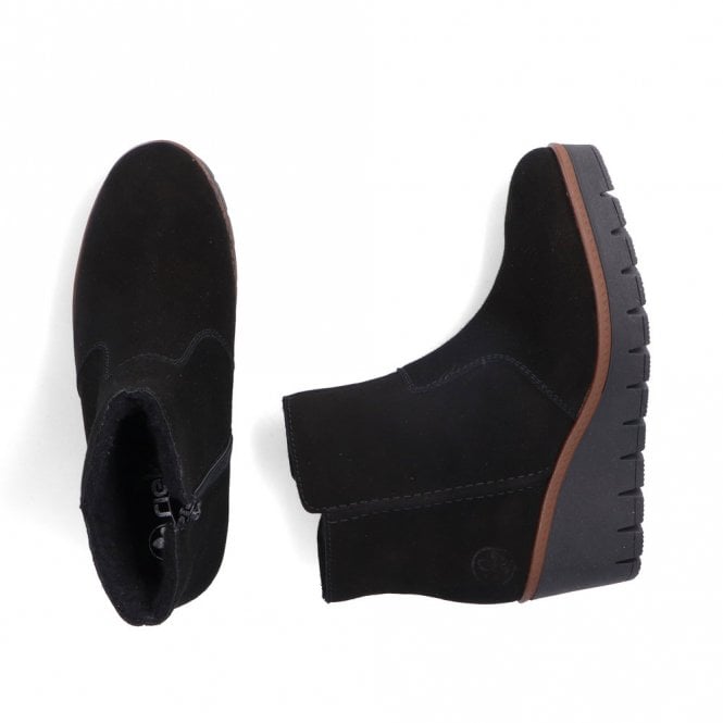 Rieker Ladies Black Suede Leather Wedge Ankle Boots