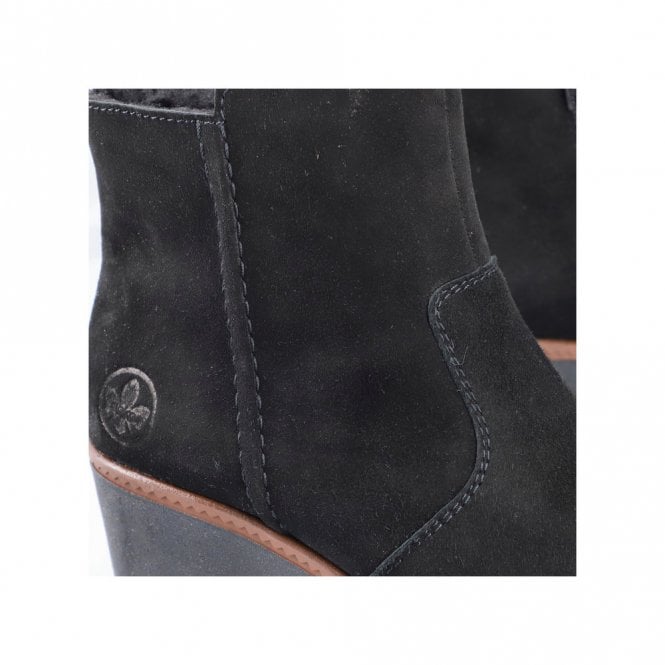 Rieker Ladies Black Suede Leather Wedge Ankle Boots
