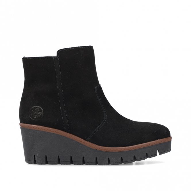 Rieker Ladies Black Suede Leather Wedge Ankle Boots