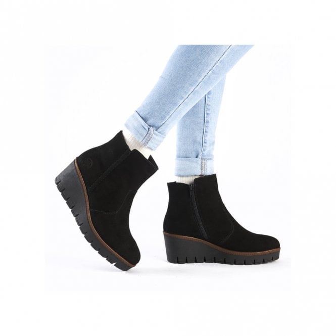 Rieker Ladies Black Suede Leather Wedge Ankle Boots