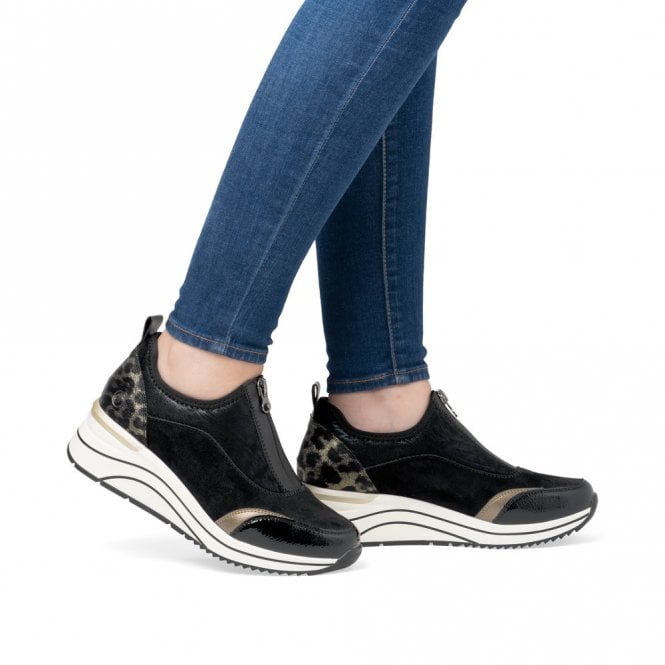 Remonte Ladies Leopard Black and Bronze Patent Leather Sneakers