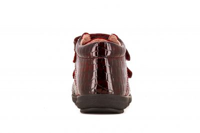 back view of girl's maroon ankle boots with 2 velcro straps in a maroon crocodile embossed patent leather